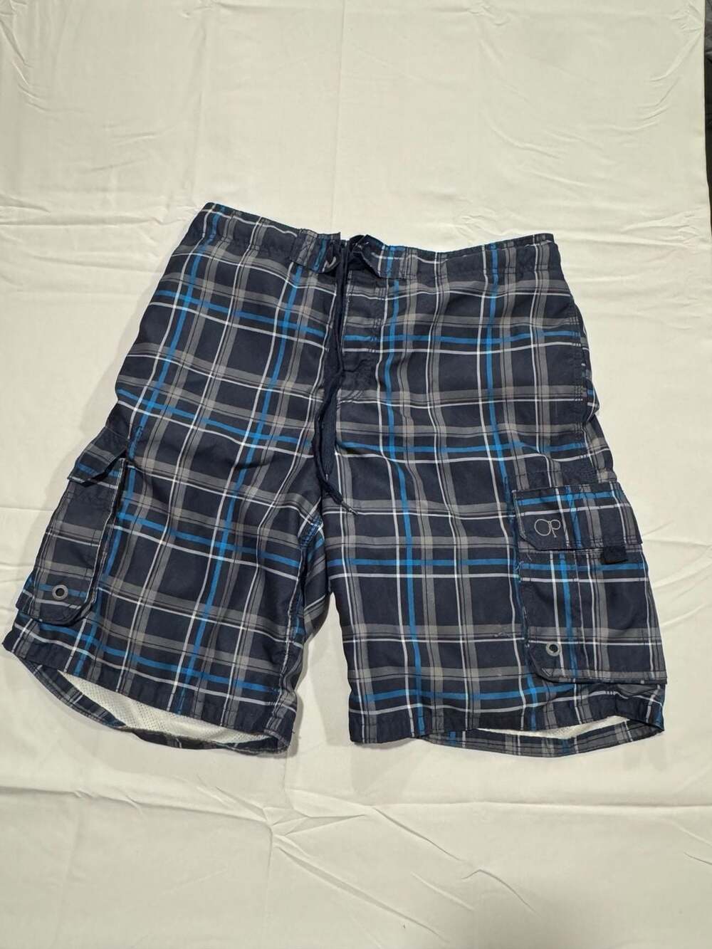 Y2K OP Men's Navy Blue Plaid Cargo Board Shorts Swim Trunks Size M